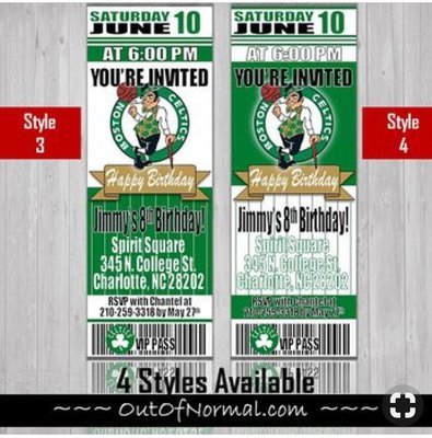 Boston Celtics Sixers NBA Basketball Birthday Invitation Ticket Style