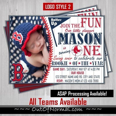 Boston Red Sox Photo MLB Baseball Birthday Invitation 5"x7"