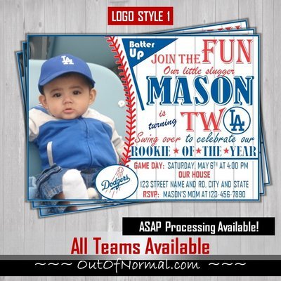 Los Angeles LA Dodgers Photo MLB Baseball Birthday Invitation 5"x7"