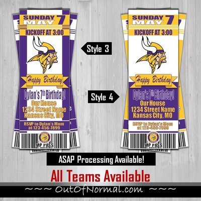Minnesota Vikings NFL Football Birthday Invitation Ticket Style
