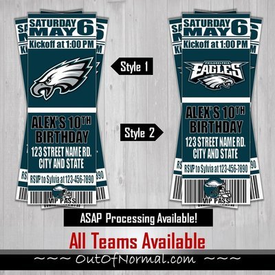 Philadelphia Eagles NFL Football Birthday Invitation Ticket Style