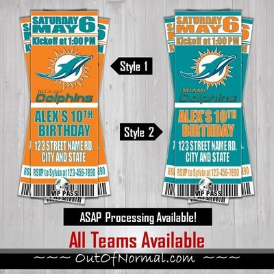 Miami Dolphins Themed NFL Football Birthday Invitation Ticket Style