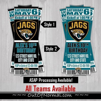 Jacksonville Jaguars Themed NFL Football Birthday Invitation Ticket Style