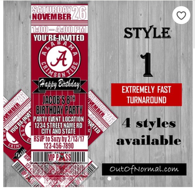 Alabama Crimson Tide College NCAA Birthday Invitation Ticket Style