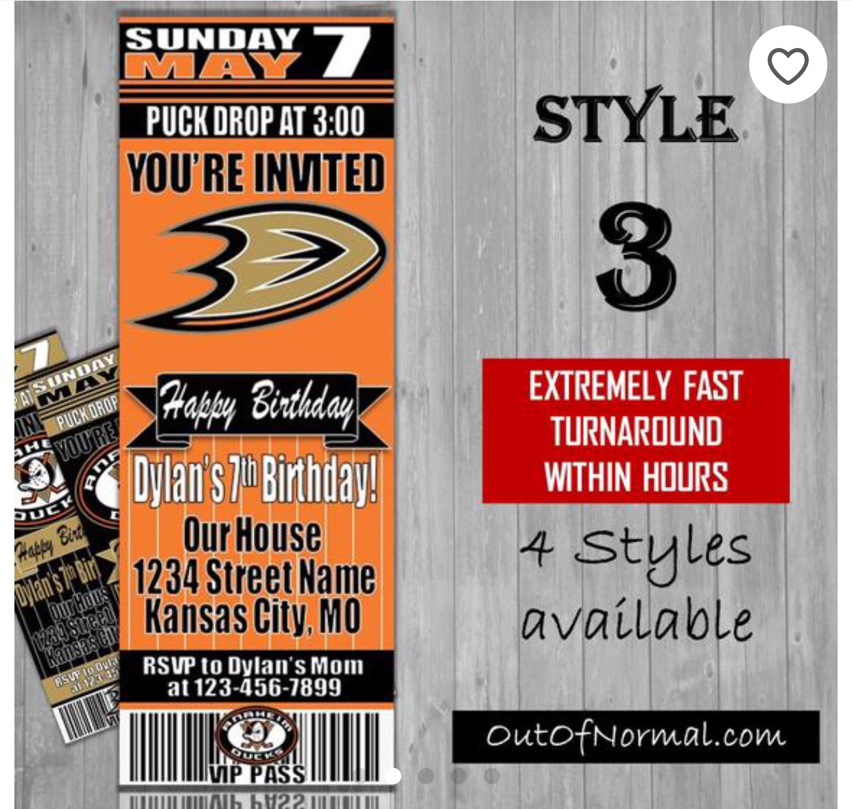 Anaheim Ducks NHL Hockey Ticket Style Invitation, image size:1242x1180