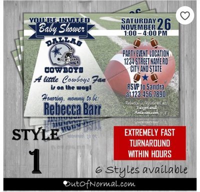 Dallas Cowboys NFL Football Baby Shower Invitation 4"x6"