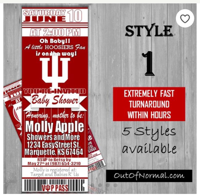 Indiana University IU Hoosiers Baby Shower Invitation Ticket Style