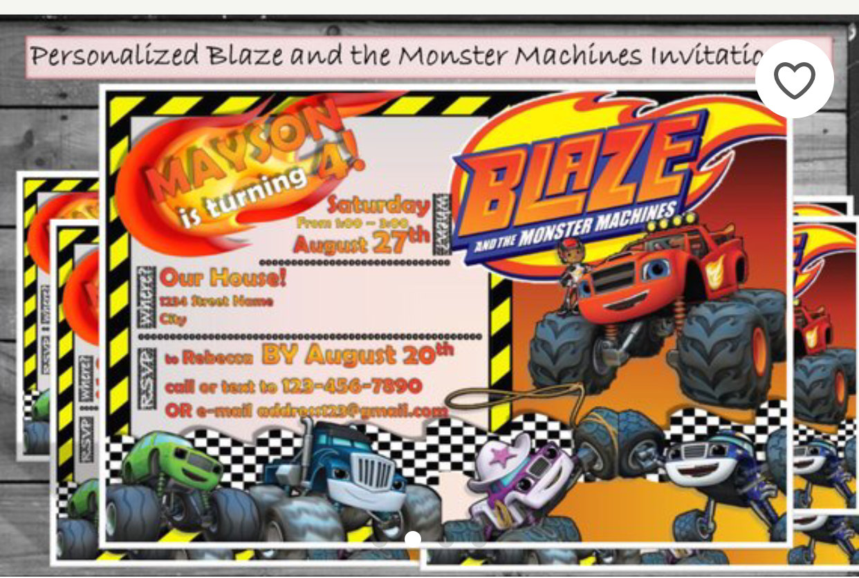 Blaze and the Monster Machines child birthday Invitation 5x7 with pic