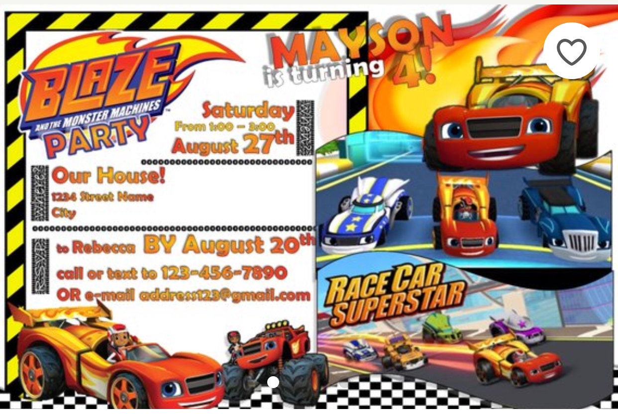 Blaze and the Monster Machines child birthday Invitation 5x7 with pic