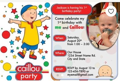 Cailou PBS child birthday Invitation 5x7 with pic