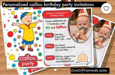 Cailou PBS child birthday Invitation 5x7 with pic