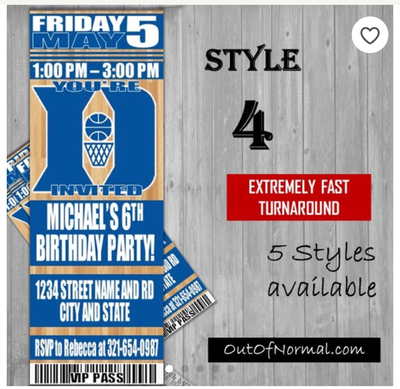 Duke Blue Devils College NCAA Birthday Invitation Ticket Style