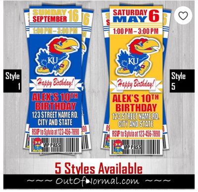 Kansas Jayhawks KU College NCAA Birthday Invitation Ticket Style