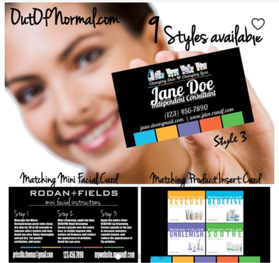 Rodan + Fields Horizontal business cards w/ matching Mini Facial Instructions or Product suite card! Customized for you! Sharp, UNIQUE R&amp;F