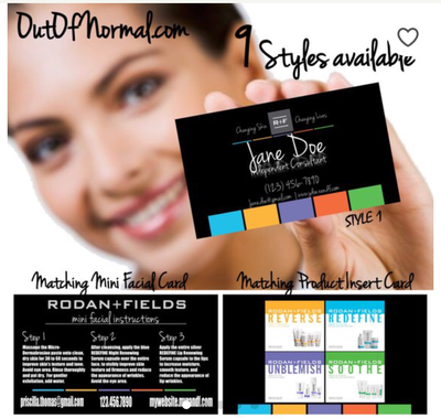 Rodan + Fields Horizontal business cards w/ matching Mini Facial Instructions or Product suite card! Customized for you! Sharp, UNIQUE R&amp;F
