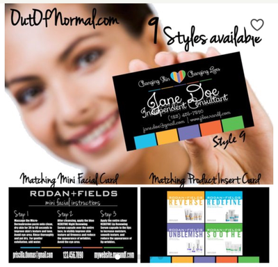 Rodan + Fields Horizontal business cards w/ matching Mini Facial Instructions or Product suite card! Customized for you! Sharp, UNIQUE R&amp;F