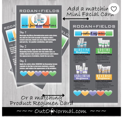 Rodan + Fields VERTICAL Gray business cards w/ matching Mini Facial Instructions or Product suite card! Customized for you! Sharp, UNIQUE R&amp;F