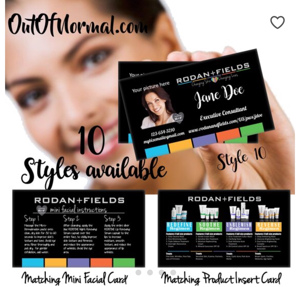 Rodan + Fields Black Photo business cards w/ matching Mini Facial Instructions or Product suite card! Customized for you! Sharp, UNIQUE R&amp;F