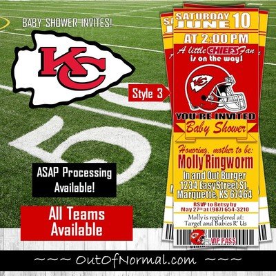 Kansas City Chiefs Baby Shower NFL Football Ticket Style Invitation