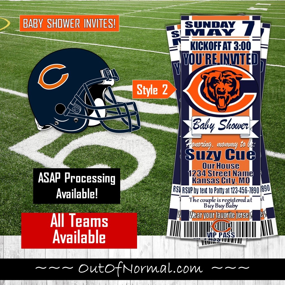 Chicago Bears Baby Shower Football Ticket Invitation invite