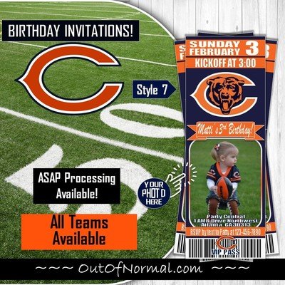 Chicago Bears NFL Football Birthday Photo Invitation Ticket Picture
