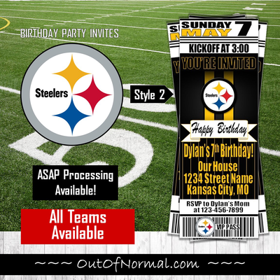 Pittsburgh Steelers NFL Football Birthday Invitation Ticket Style