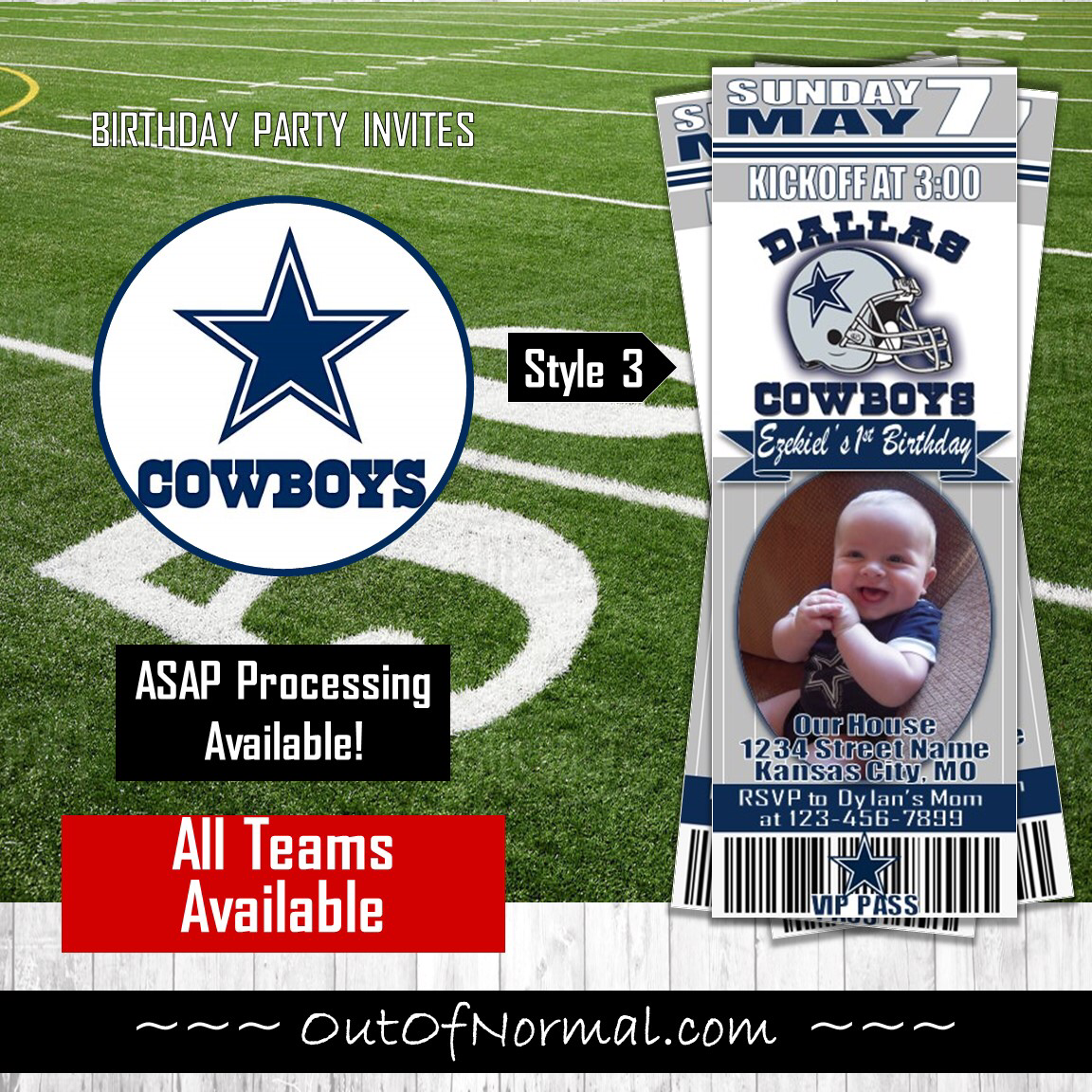 Dallas+Cowboys+NFL+Custom+Party+Ticket+Invitations+by+AAinvites,+$8.99