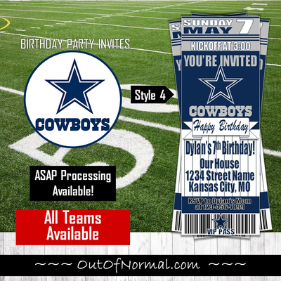 Dallas Cowboys NFL Footballl Birthday Invitation Ticket Style