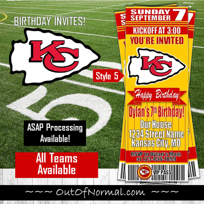 Kansas City Chiefs NFL Football Birthday Invitation Ticket Style