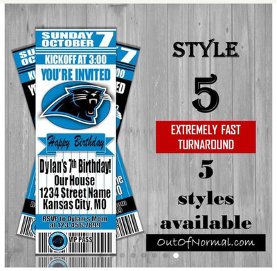 Carolina Panthers NFL Football Birthday Invitation Ticket Style