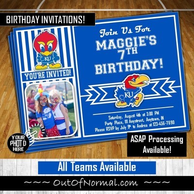 Kansas Jayhawks Photo College Basketball Birthday Invitation 5"x7"