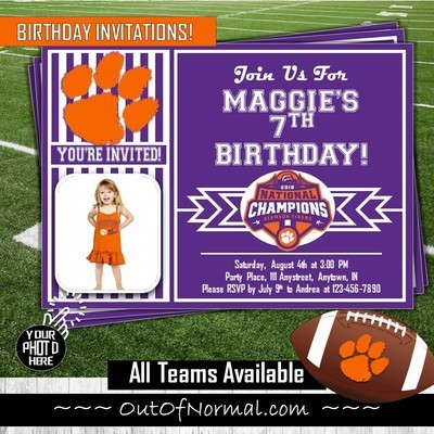 Clemson Tigers 2018 NCAA National Champions Photo College Football Birthday Invitation 5"x7"