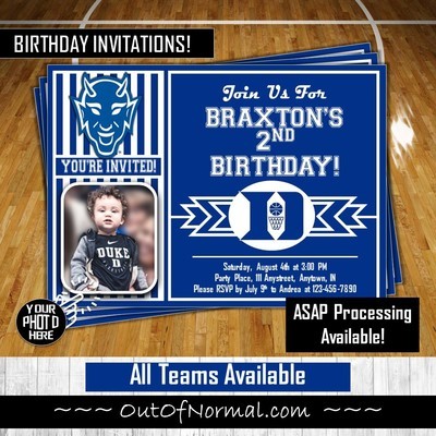 Duke Blue Devils College basketball Birthday Invitation 5"x7" with photo