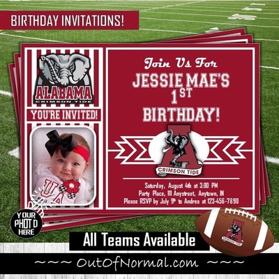 Alabama Crimson Tide College Football Birthday Invitation 5"x7" with photo