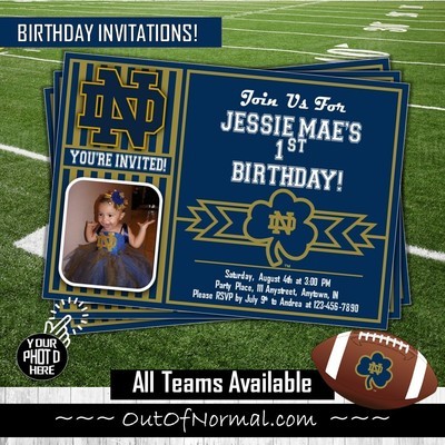 Notre Dame Fighting Irish College Football Birthday Invitation 5"x7" with photo
