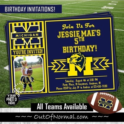 Michigan Wolverines College Football Basketball Birthday Invitation 5"x7" with photo