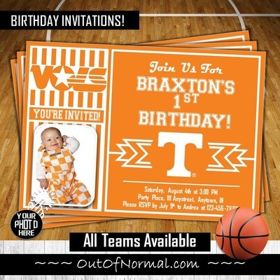Tennessee Volunteers UT Vols College Basketball Birthday Invitation 5"x7" with photo