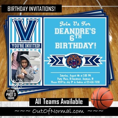Villanova Wildcats 'nova College Basketball Birthday Invitation 5"x7" with photo