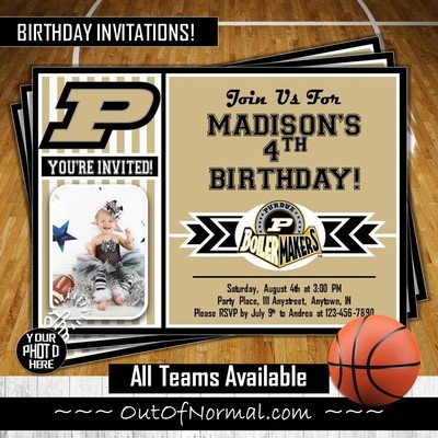 Purdue Boilermakers College Basketball Birthday Invitation 5"x7" with photo