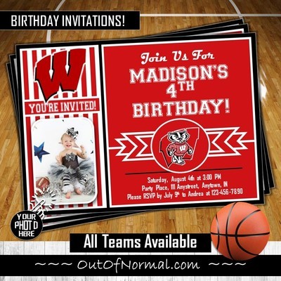 Wisconsin Badgers College Basketball Birthday Invitation 5"x7" with photo