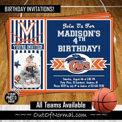 Virginia Cavaliers College Basketball Birthday Invitation 5"x7" with photo