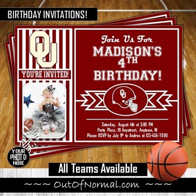 Oklahoma Sooners OU College Basketball Birthday Invitation 5"x7" with photo