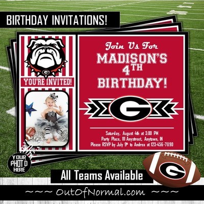 Georgia Bulldogs College Basketball Birthday Invitation 5"x7" with photo