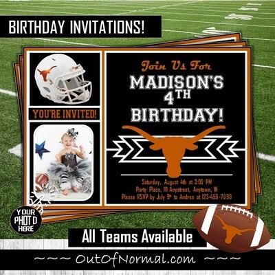 Texas Longhorns College Football Birthday Invitation 5"x7" with photo