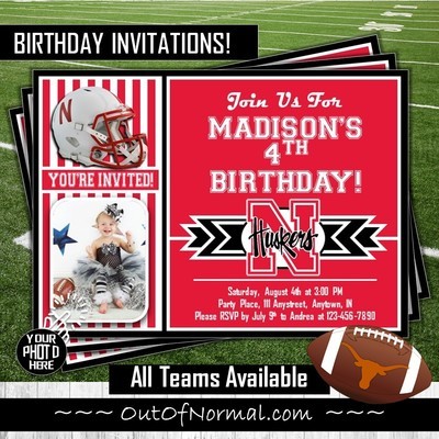 Nebraska Cornhuskers College Football Birthday Invitation 5"x7" with photo