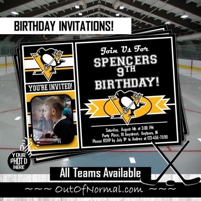 Pittsburgh Penguins NHL Hockey Birthday Invitation 5"x7" with photo