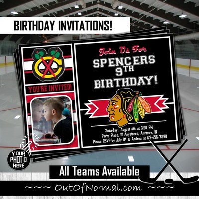 Chicago Blackhawks NHL Hockey Birthday Invitation 5"x7" with photo