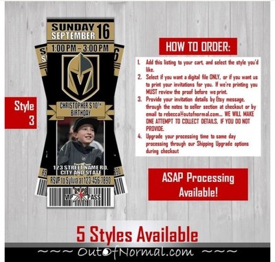 Vegas Golden Knights NHL Hockey Birthday Photo Invitation Ticket Picture