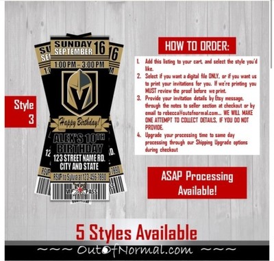 Vegas Golden Knights NHL Hockey Birthday Invitation Ticket VIP