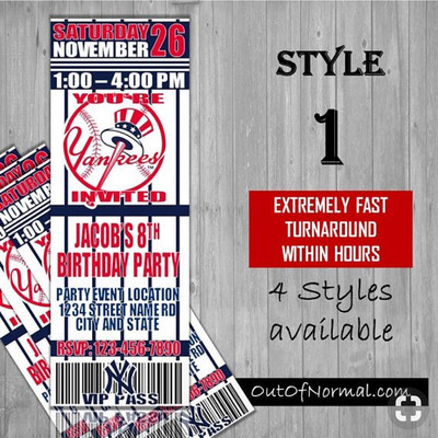 New York Yankees Pinstripes Classic MLB Baseball Birthday Invitation Ticket Style